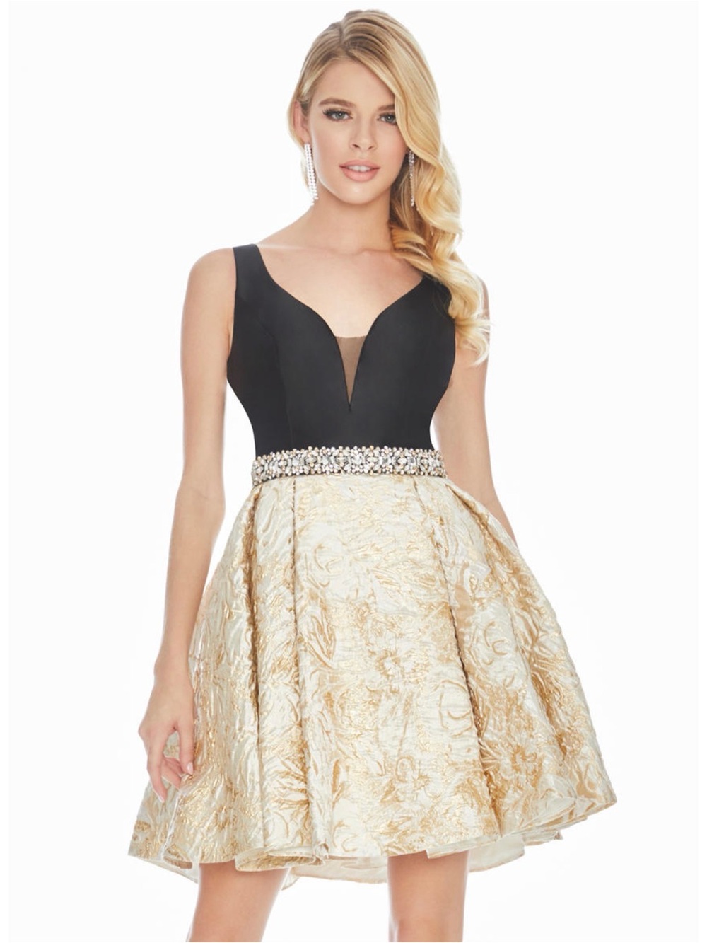 Embellished Waist Fit-and-Flare Mini Dress in Black and Gold